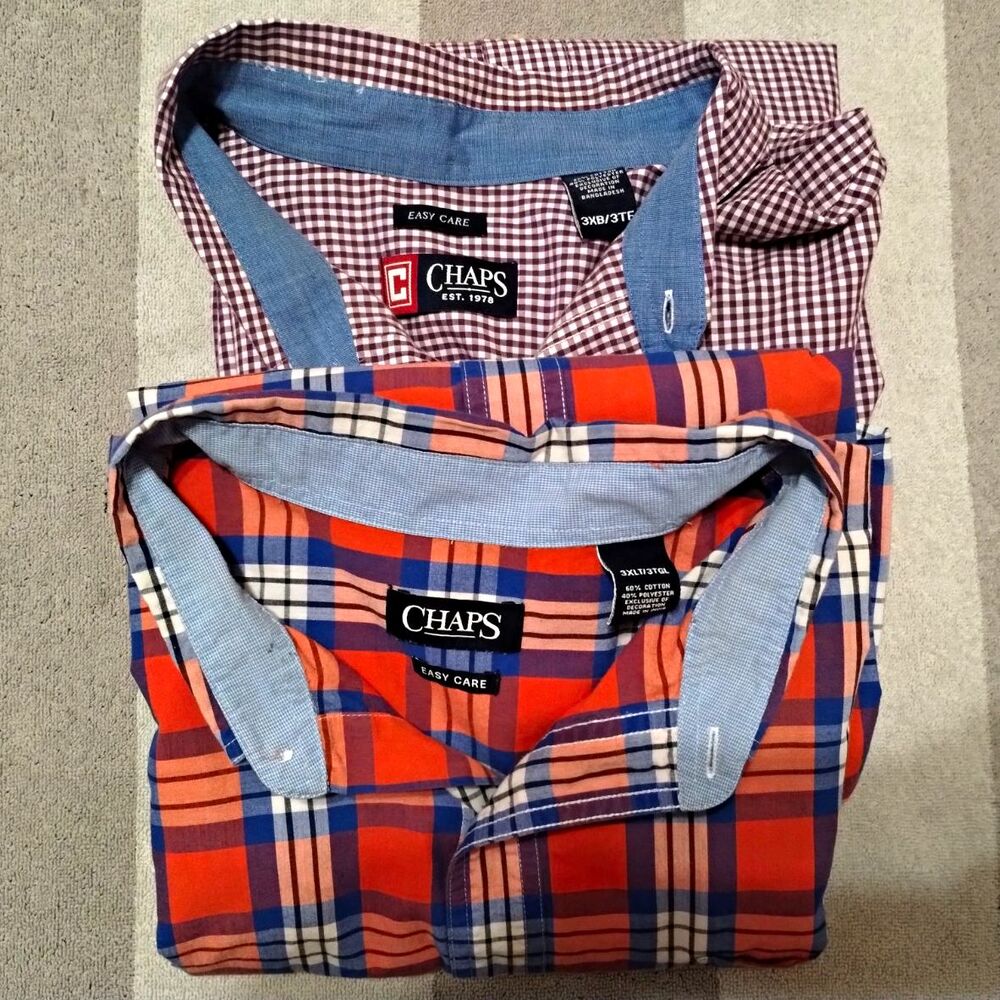 Lot-2 Chaps Easy Care Men's 3XLT Plaid Long Sleeve Button-Up Shirt Button-Down